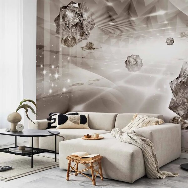 Carta da parati Geometria moderna - astrazione beige con effetto 3D e diamanti