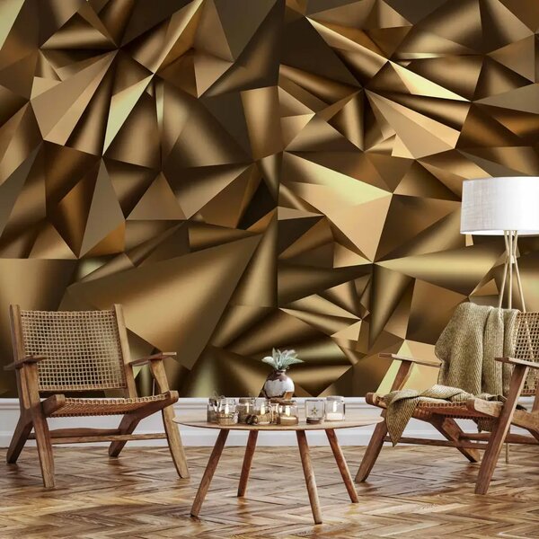 Carta da parati moderna Astrazione - sfondo dorato con elementi geometrici e effetto 3D