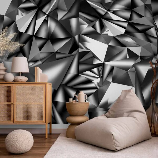 Carta da parati moderna Astrazione - sfondo argentato con elementi geometrici e effetto 3D