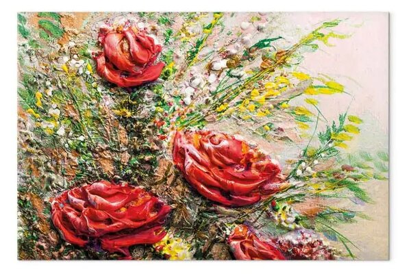 Quadro moderno Rose autunnali - fiori rossi tra foglie colorate