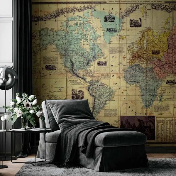 Carta da parati moderna Nouvelle Carte Universelle Du Monde - mappa del mondo retrò su sfondo chiaro