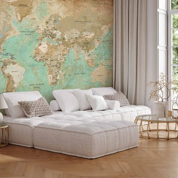Carta da parati Mappa del mondo turchese - contorni dei continenti su sfondo verde