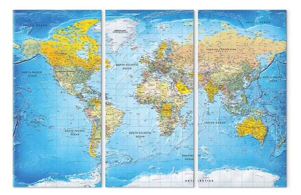 Quadro contemporaneo Mappa mondo: Oceani (3 pezzi) - mappa con scritte in inglese