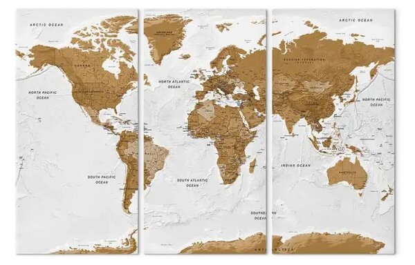 Quadro su tela Mappa mondo: Poesia (3 pezzi) - continenti marroni su bianco