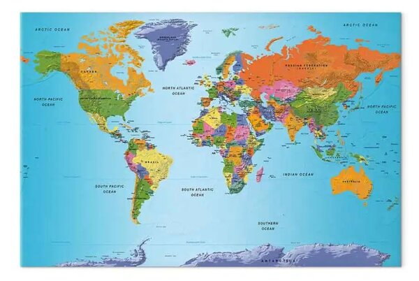 Quadro contemporaneo Nota colorata - mappa del mondo con continenti in inglese