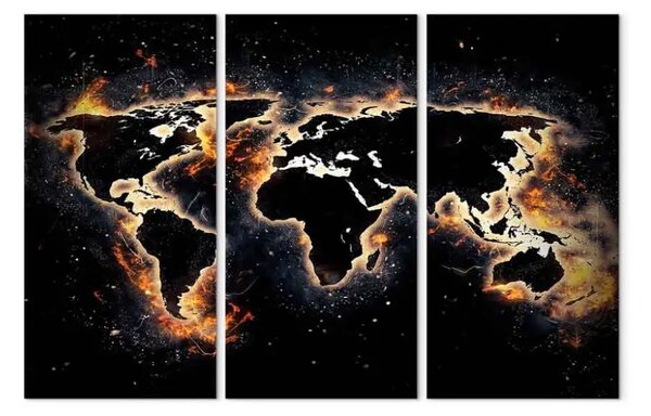 Quadro contemporaneo Fiamme del mondo (3 pezzi) - mappa ardente su sfondo nero