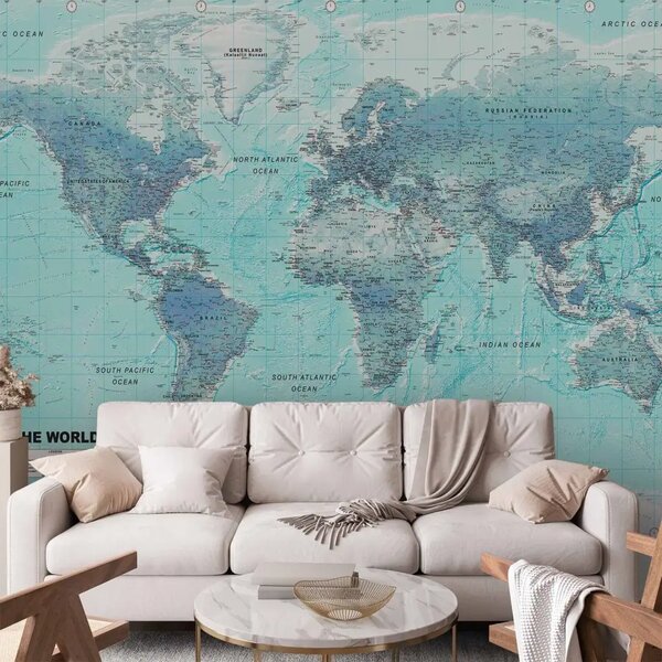 Carta da parati Mondo azzurro - mappa del mondo in inglese su sfondo blu