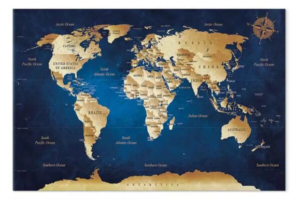 Quadro su tela Mappa del mondo beige e profondità blu navy