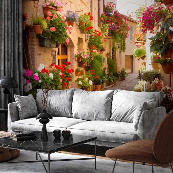 Carta da parati moderna Viuzza a Spello - Italia architettura in mattoni con strada piena di fiori