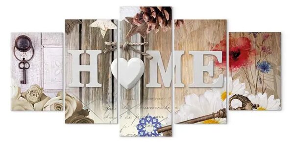 Quadro Chiave cuore (5 pezzi) - scritta floreale, sfondo legnoso