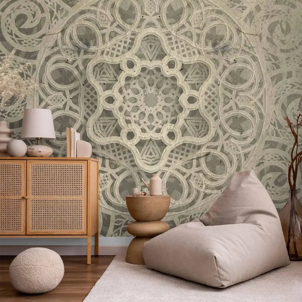 Carta da parati moderna Canto della delicatezza - Ornamenti beige in stile mandala
