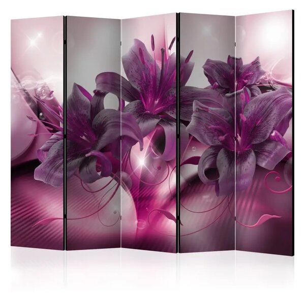 Paravento design Fiamma porpora II - fiori giglio viola, luce, ornamenti