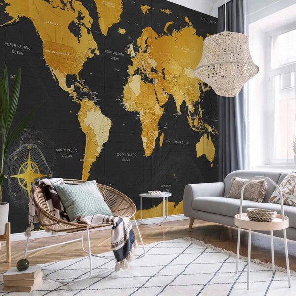 Carta da parati Mondo d’oro - mappa del mondo in inglese su sfondo scuro