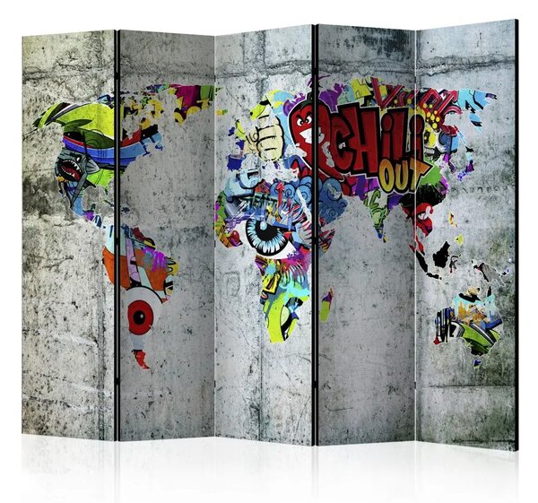 Paravento Mondo graffiti - mappa del mondo con continenti in stile street art