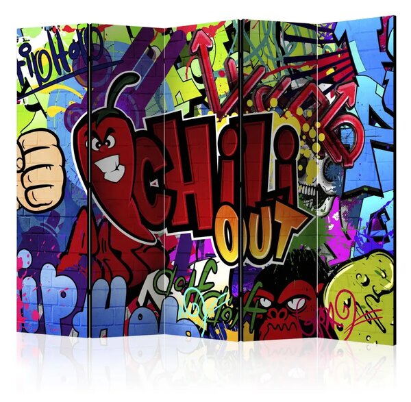 Paravento design Chili out - graffiti colorati con scritte in inglese e peperoncino