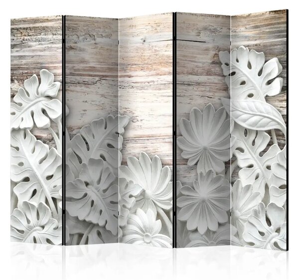 Paravento Bosco di alabastro II - fiori bianchi di pietra su texture di legno