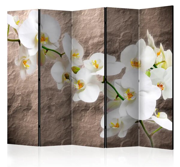 Paravento design Perfezione orchidea II - fiore su texture di pietra marrone