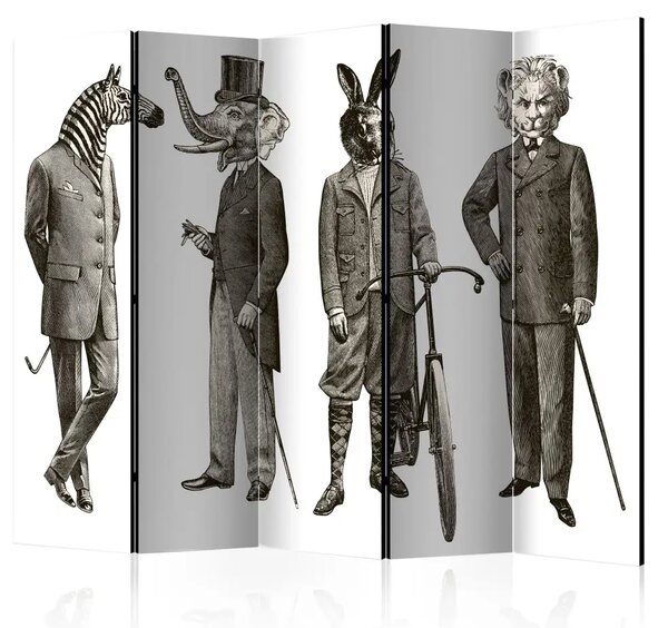 Paravento Zoo elegante II - animali con figure maschili retrò