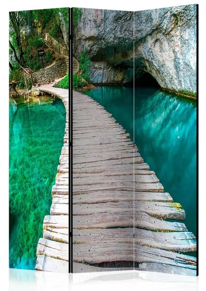 Paravento design Lago smeraldo - paesaggio di un lago con ponte di legno