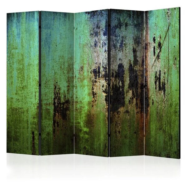 Paravento design Enigma smeraldo II - texture urbana di metallo coperto di verde