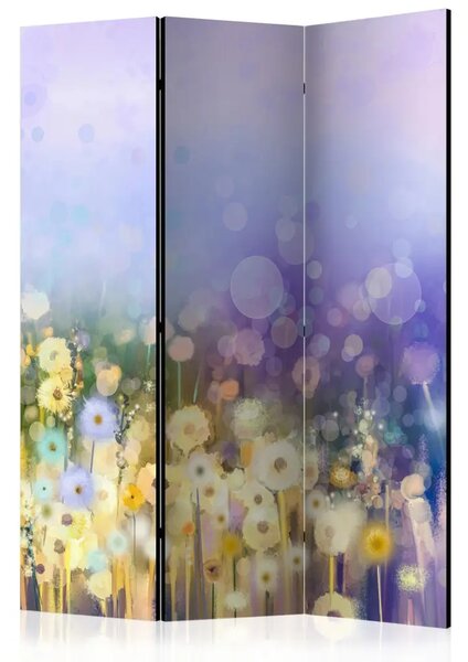 Paravento design Prato dipinto - fiori su prato con sfondo viola in stile artistico