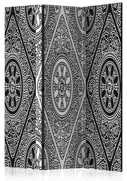 Paravento design Monocromia etnica - mandala bianco e nero in tema orientale