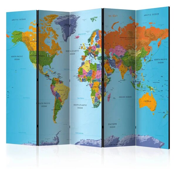 Paravento design Geografia colorata - mappa del mondo con continenti colorati e scritte