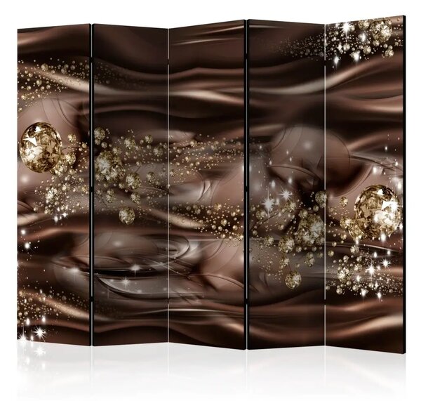 Paravento design Fiume di cioccolato II - onde astratte marroni e luccichio di diamanti