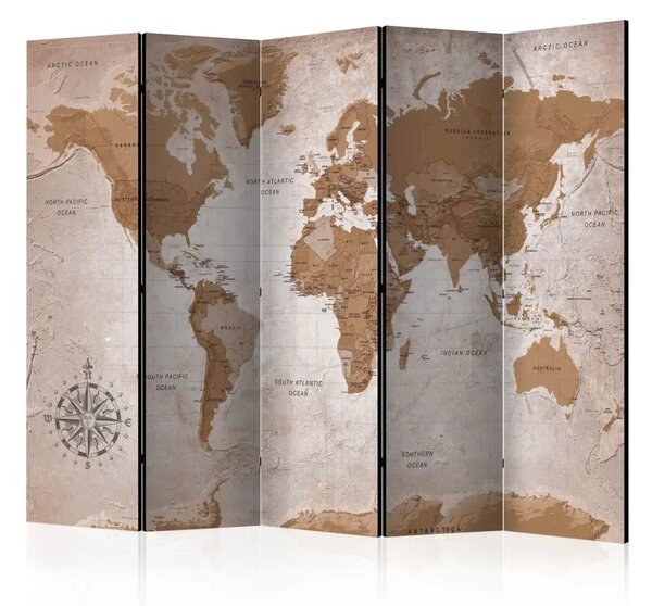 Paravento design Viaggi orientali - mappa orientale del mondo con continenti marroni