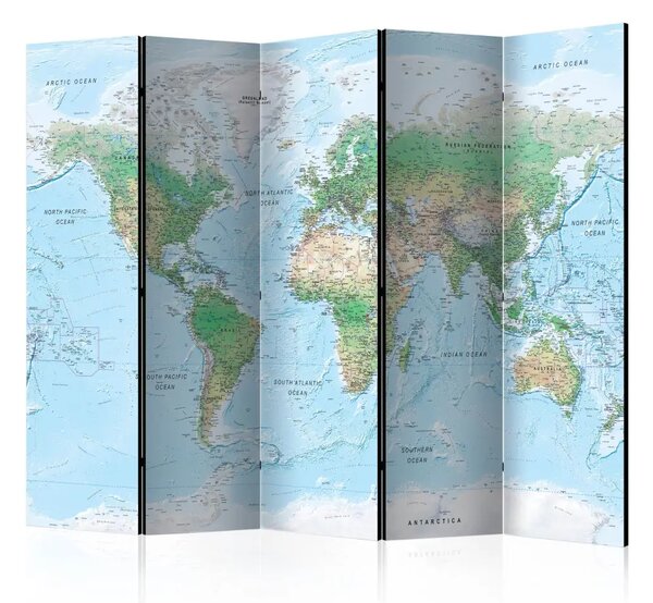 Paravento separè Mappa del mondo - mappa con continenti colorati e scritte in inglese