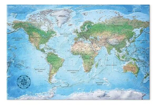 Quadro moderno Viaggio con la bussola - classica mappa del mondo in blu