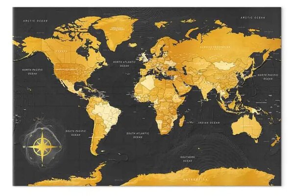 Quadro Continenti gialli - mappa del mondo a colori nero-oro