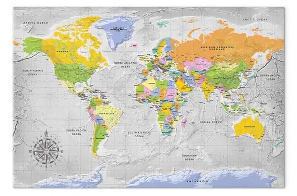 Quadro moderno Direzione viaggio - tonalità grigie mappa, scritte