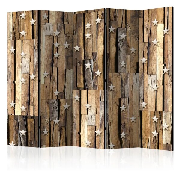 Paravento separè Costellazione di legno II - stelle su texture di legno marrone