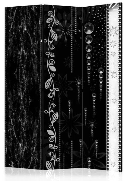 Paravento separè Eleganza nera - texture bianco e nero con ornamenti e fiori