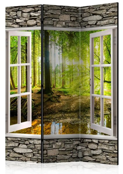 Paravento design Foresta al mattino - finestra con vista sulla natura boschiva