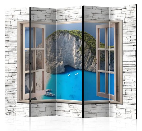 Paravento Paradiso azzurro II - finestra su texture di pietra con mare