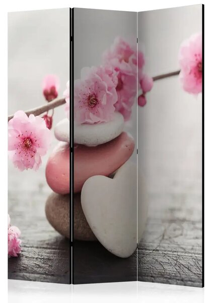Paravento separè Fiori Zen - pietre colorate e piante rosa su tavolo di legno