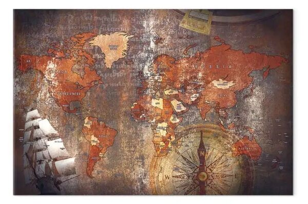 Quadro moderno Navigando nella storia - mappa del mondo in stile retrò