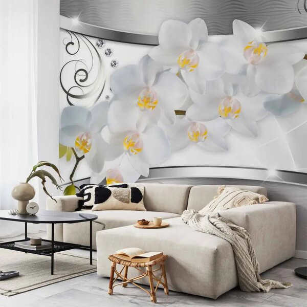 Carta da parati moderna Fiori - Orchidee bianche su sfondo astratto con effetto di luce