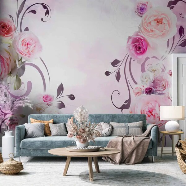 Carta da parati moderna Varianti rosa - mazzo di fiori su sfondo uniforme con effetto di luce