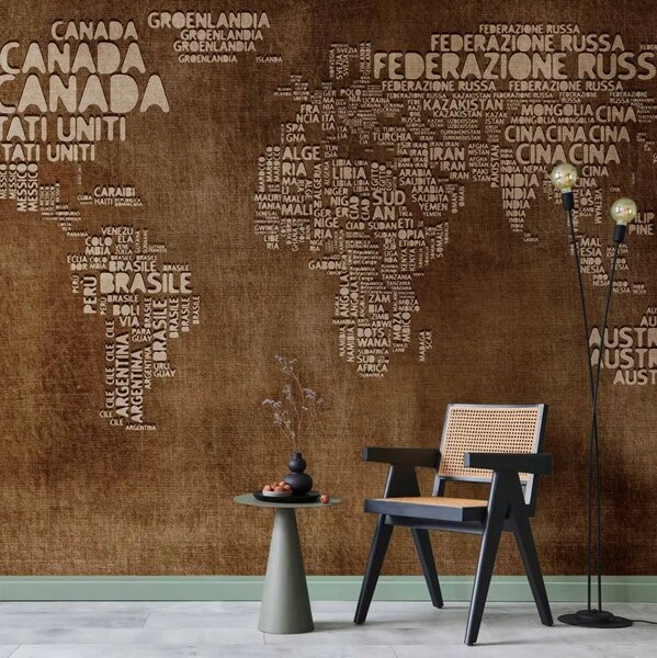 Carta da parati moderna Mappa del mondo con nomi dei paesi su sfondo marrone