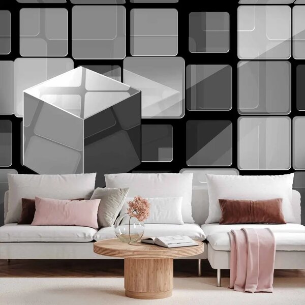 Carta da parati moderna Cubo di Rubik su sfondo geometrico grigio
