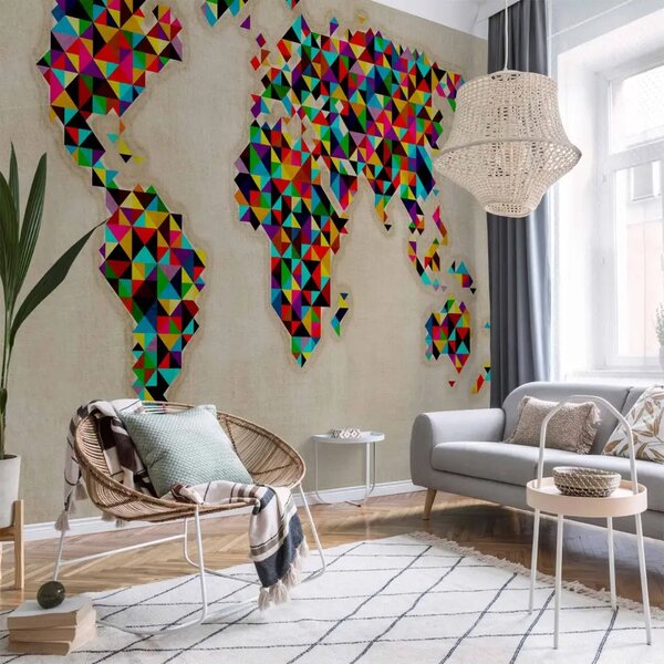 Carta da parati Mappa del mondo - caleidoscopio geometrico di colori su sfondo beige
