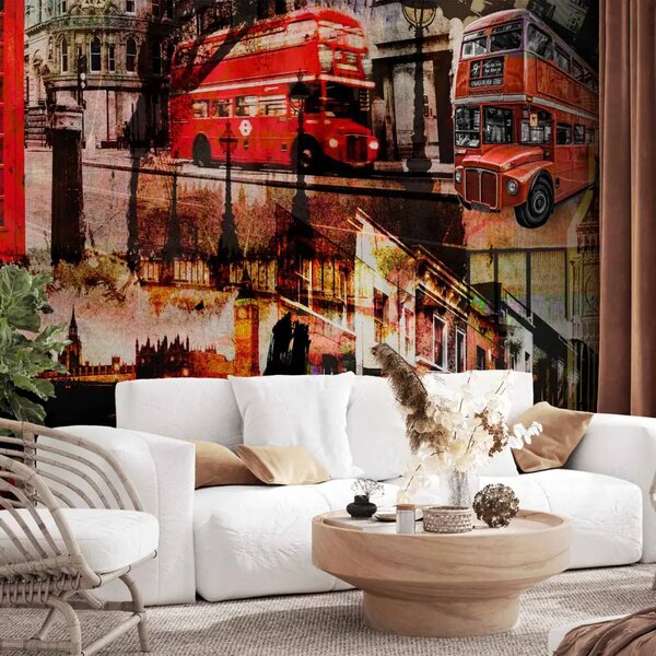 Carta da parati Londra Regno Unito - collage con architettura cittadina e motori