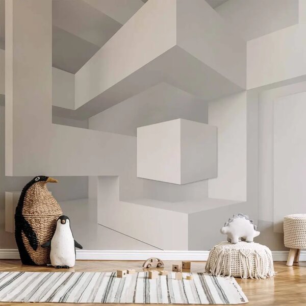 Carta da parati moderna Geometria bianca - motivo 3D con quadrati e rettangoli su diverse superfici