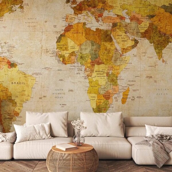 Carta da parati moderna Globo antico - mappa del mondo in stile retrò in tonalità marroni