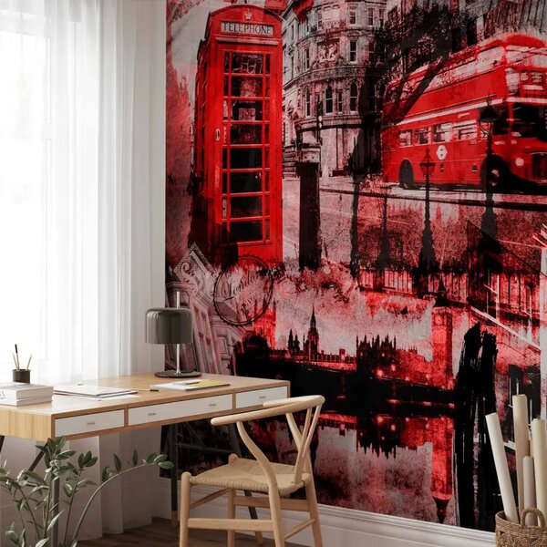 Carta da parati Londra Regno Unito - collage con autobus urbani e architettura