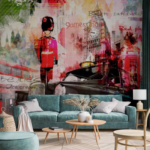 Carta da parati moderna Londra Regno Unito - collage con architettura colorata e motori