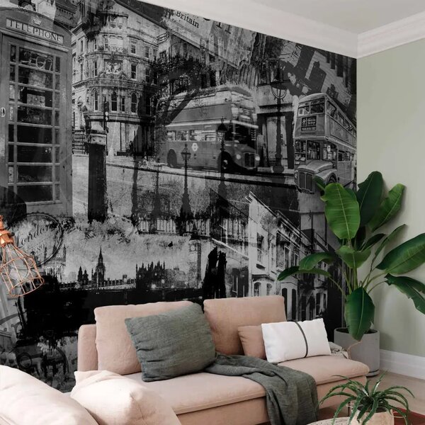 Carta da parati moderna Londra - collage in bianconero con elementi di architettura e motori